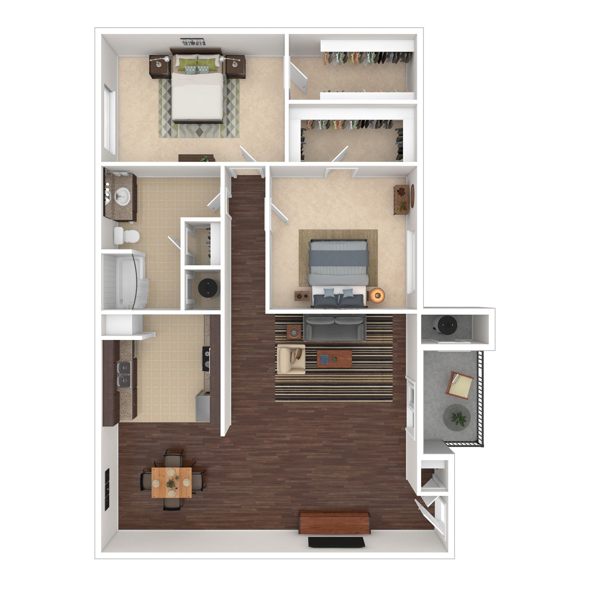 Floor plan: two-bedroom apartment. Bedrooms, bathroom, kitchen, living/dining area, closets, and balcony are displayed.