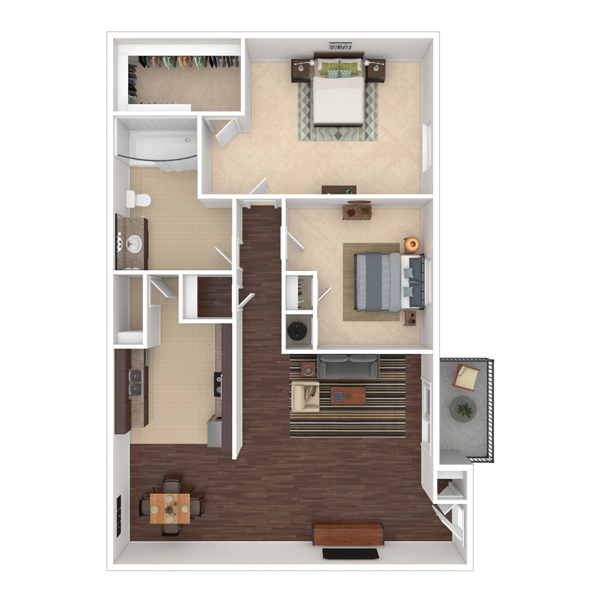 Floor plan of a two-bedroom apartment. Includes a living room, kitchen, two bedrooms, and a balcony.