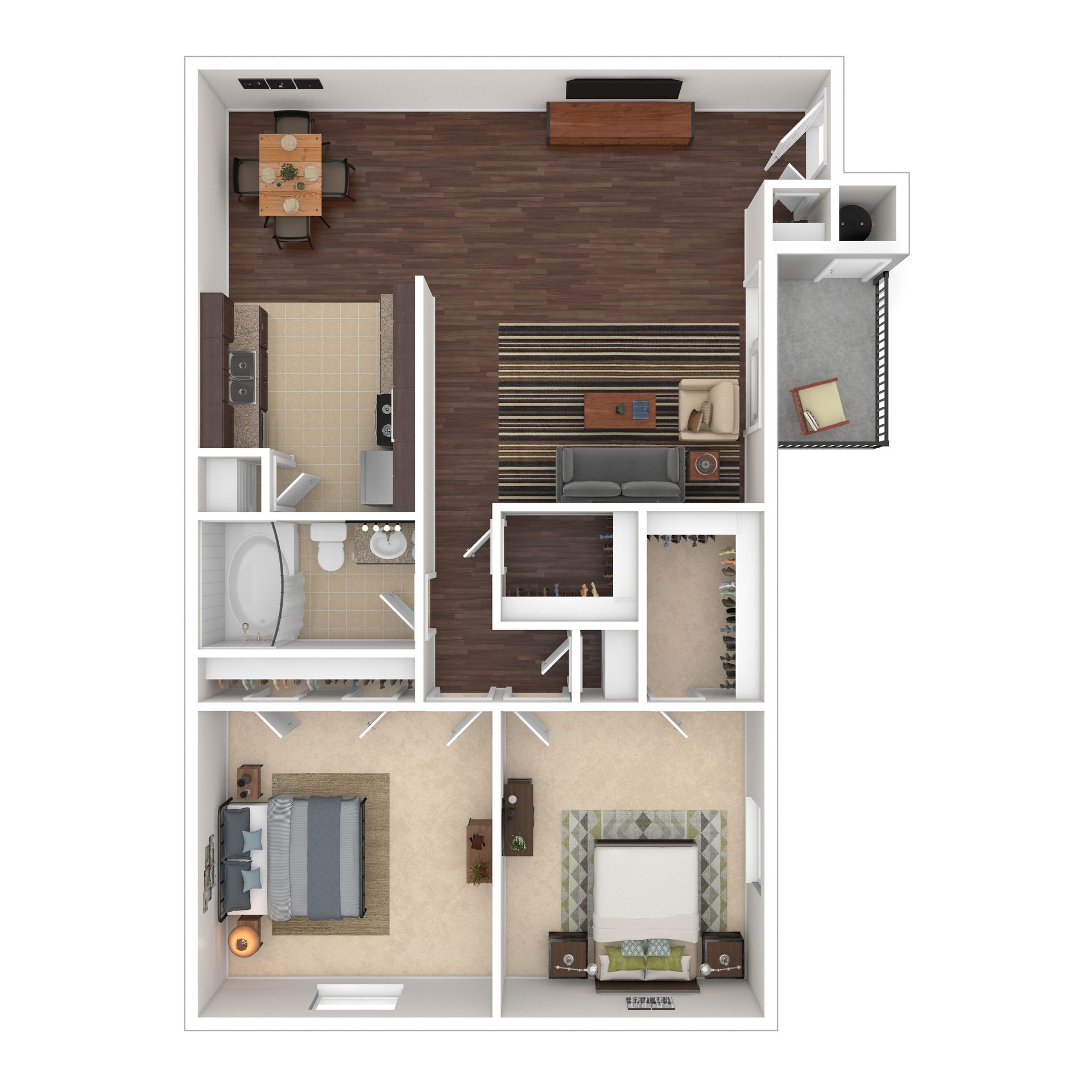 Floor plan of a two-bedroom apartment with a living area, dining area, balcony, and two bathrooms.