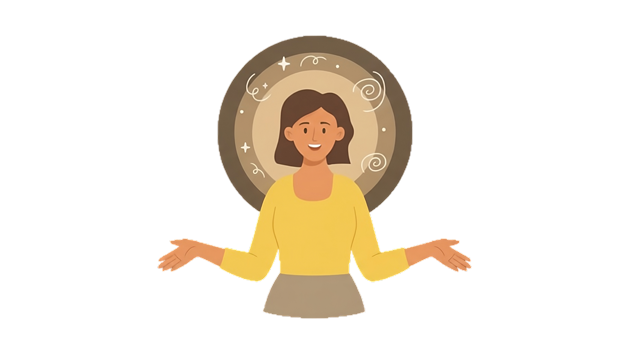 Woman with open arms, smiling, with a celestial background of spirals and stars.