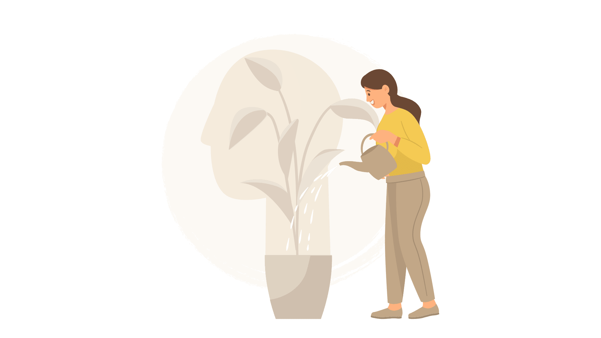 Woman watering plant in the shape of a head with watering can.