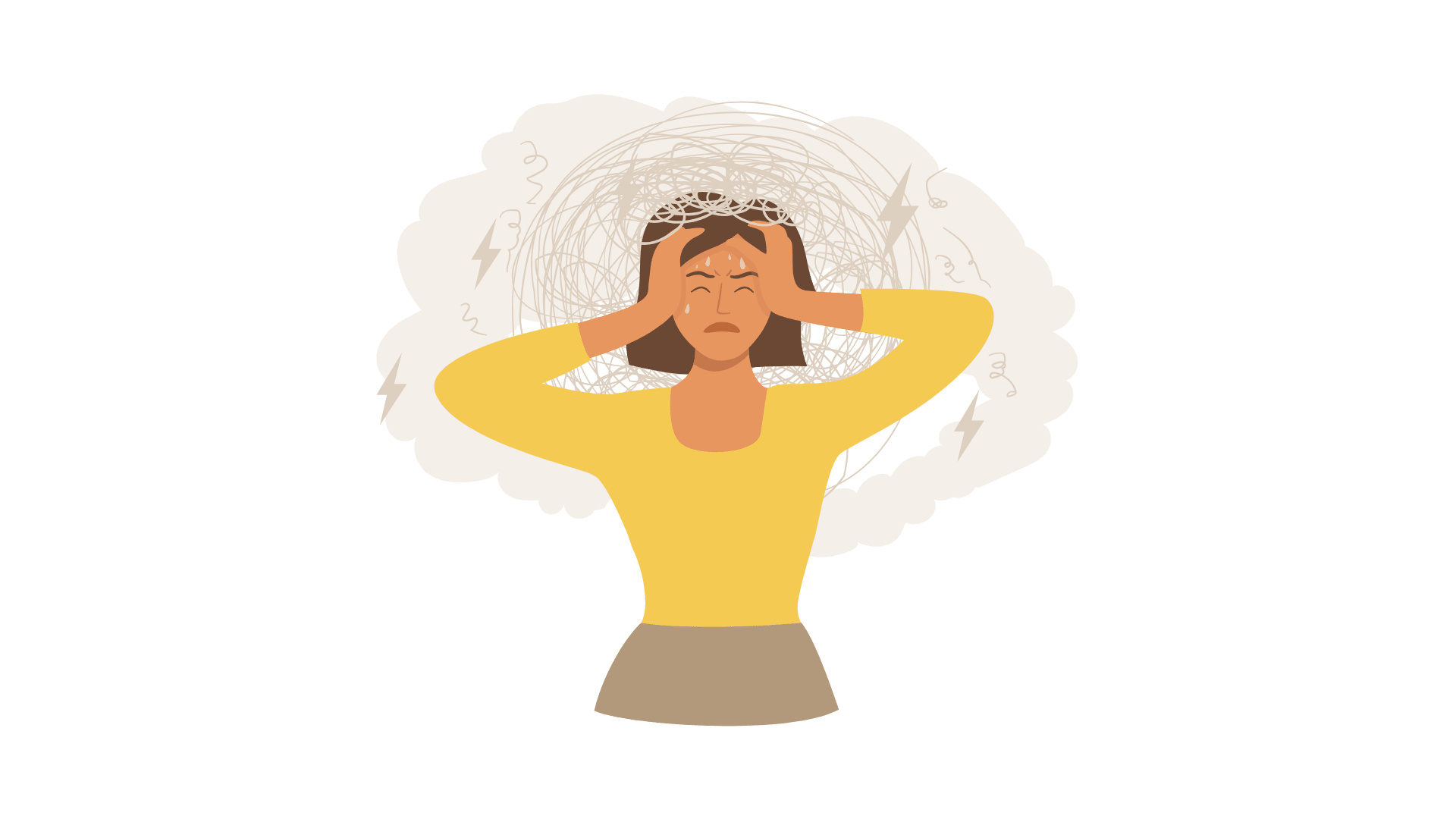 Woman holding head, eyes closed, surrounded by swirling lines, suggesting stress and anxiety.