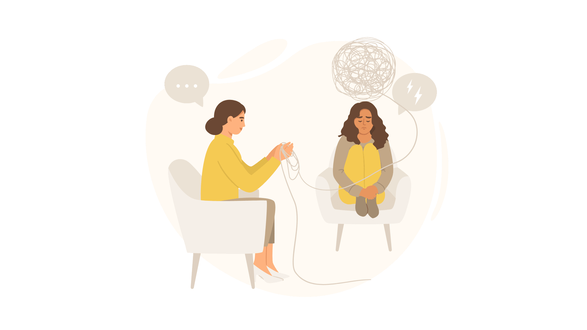 Therapist and patient in chairs; therapist is holding strings connected to patient's tangled thoughts.