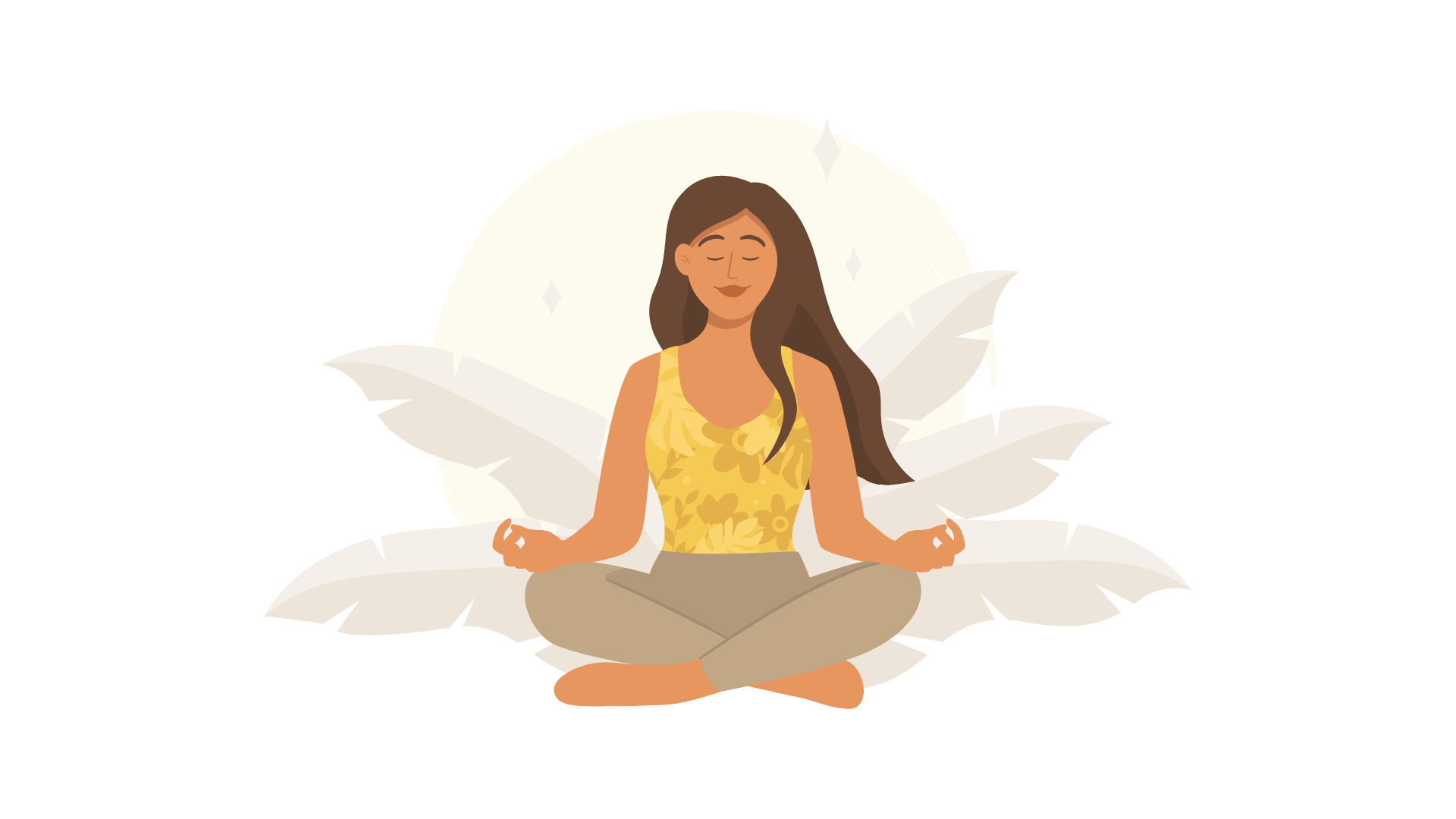 Woman in lotus position meditating, arms in mudra, surrounded by leaves, light background.