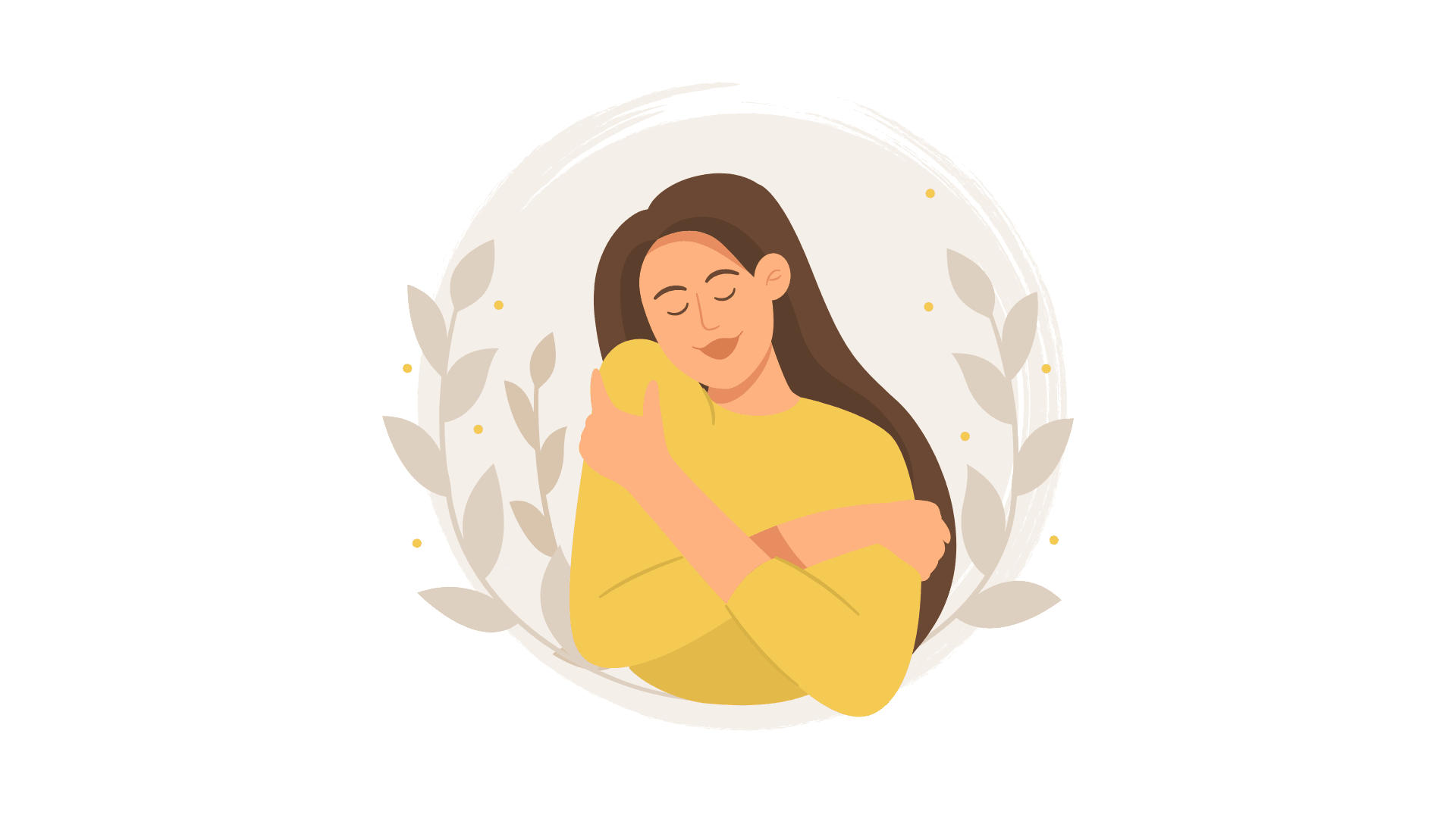 Woman in yellow embraces herself, eyes closed, within a beige circle and leafy design.