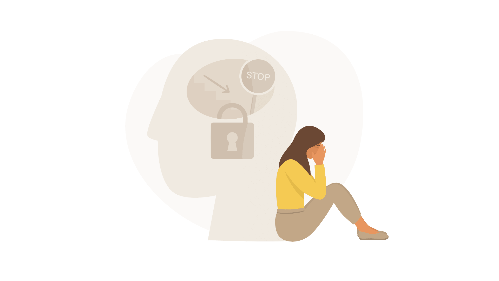 Woman sitting with head in hands, lock and 