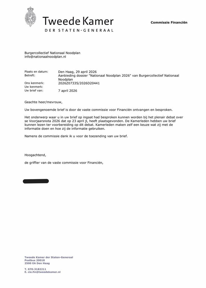 Briefpapier van het Nederlandse parlement met een formele tekstbrief en een handtekeningveld op wit papier.