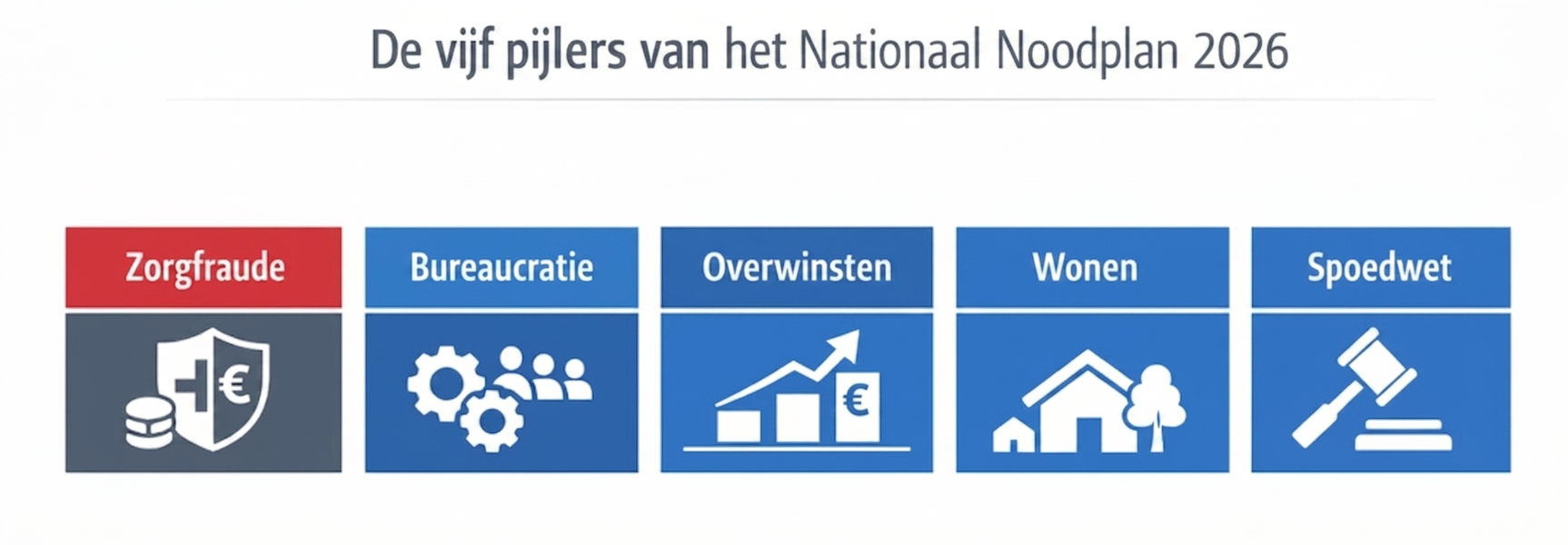 De vijf pijlers van het Nationaal Overstromingsprogramma 2026, weergegeven als blauwe pictogrammen met Nederlandse labels.