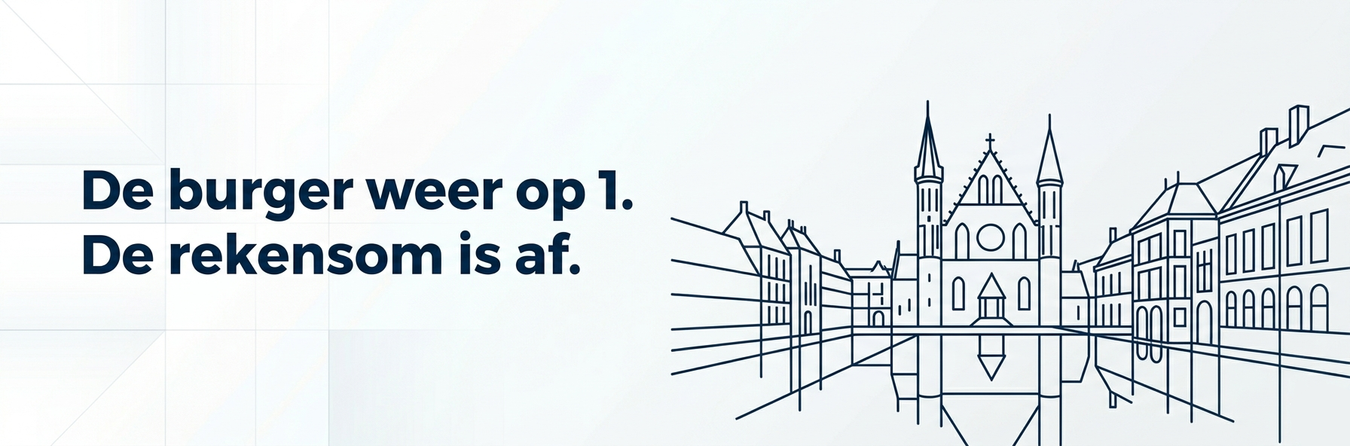 Nederlandse slogantekst naast een lijntekening van het binnenhof in Den Haag