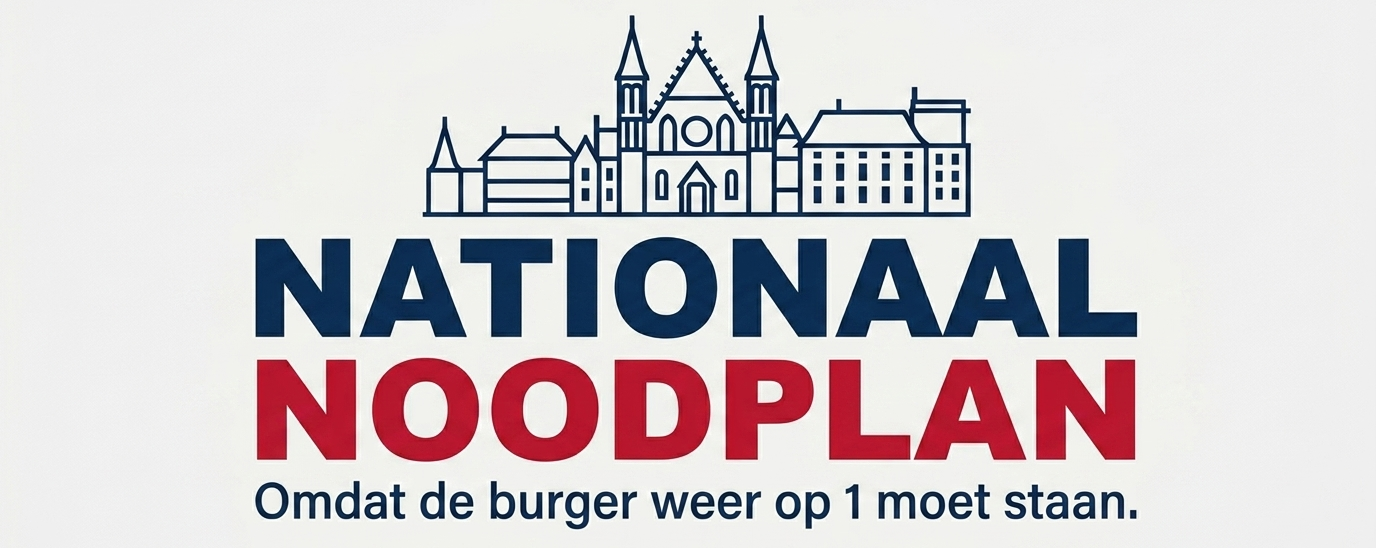 Logo met het Nederlandse parlementsgebouw en de tekst "Nationaal Noodplan" in blauw en rood op een witte achtergrond.