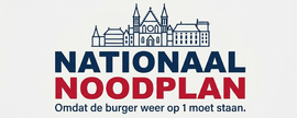 Logo met het Nederlandse parlementsgebouw en de tekst "Nationaal Noodplan" in blauw en rood op een witte achtergrond.