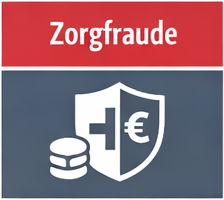 Zorgfraude-teken met schild, eurosymbool en gestapelde munten op een rood-grijze achtergrond.