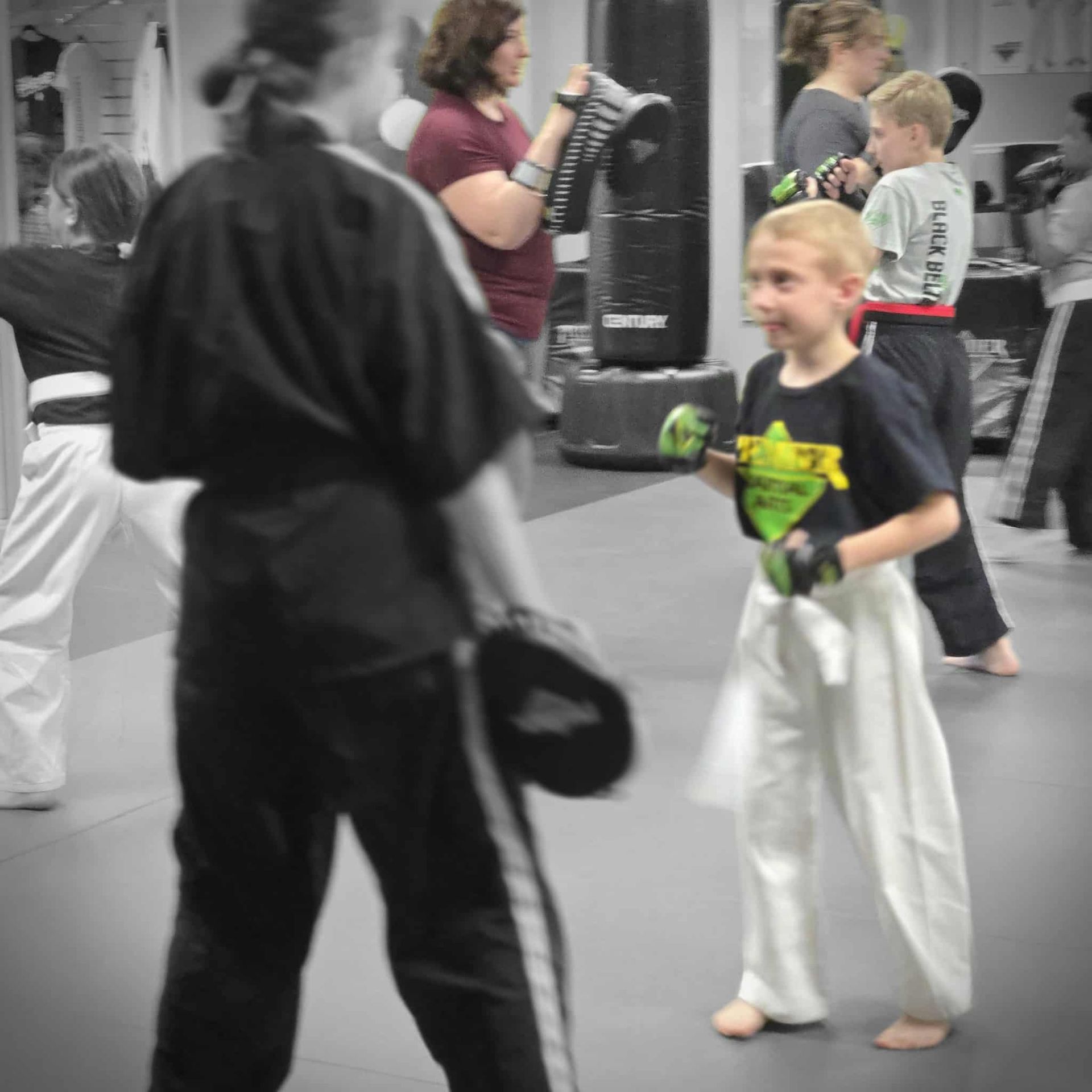 An aerial view of a city skyline at sunset.