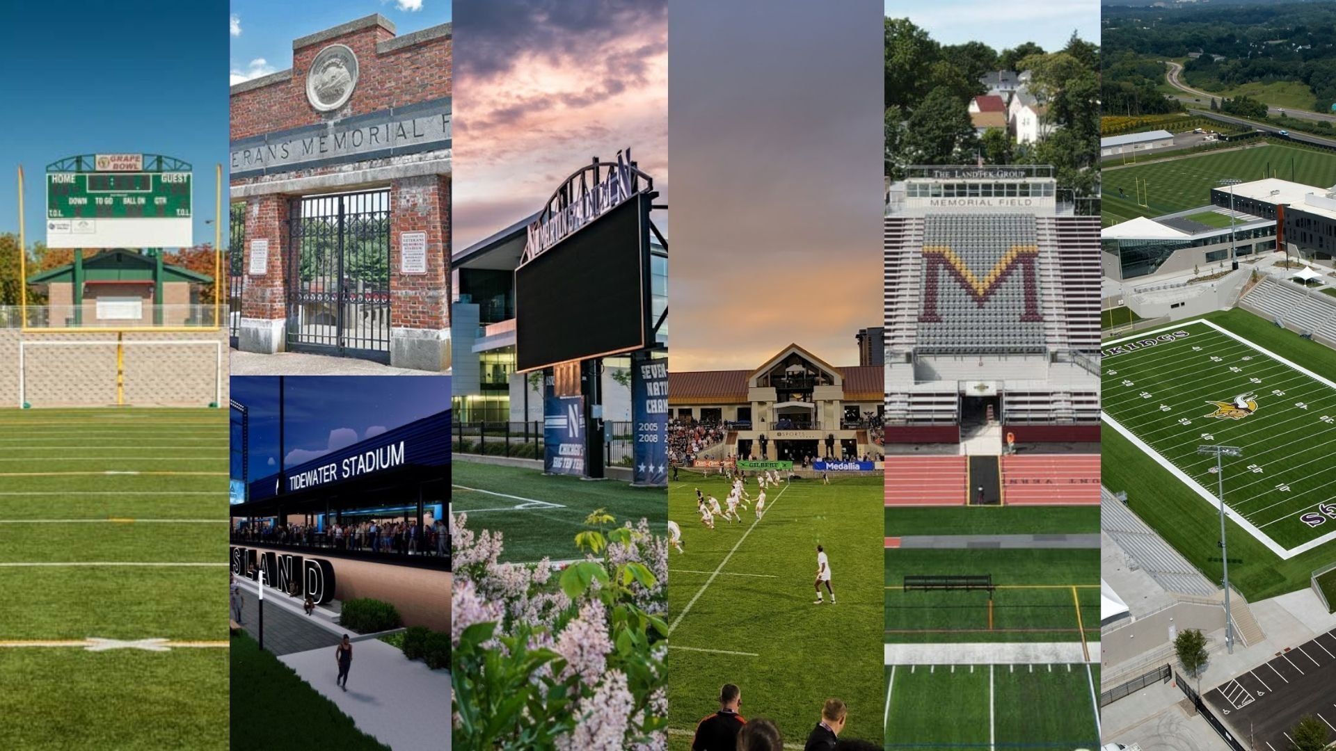 A collage of various rugby fields