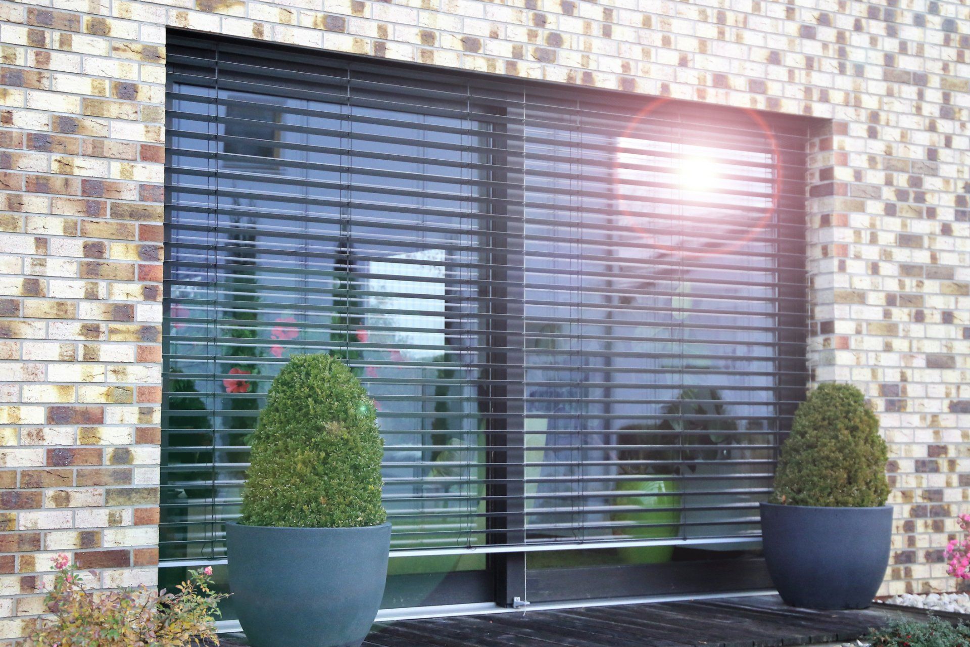 Window with black blinds, a brick wall, and potted topiary. Sunlight glints off the glass.