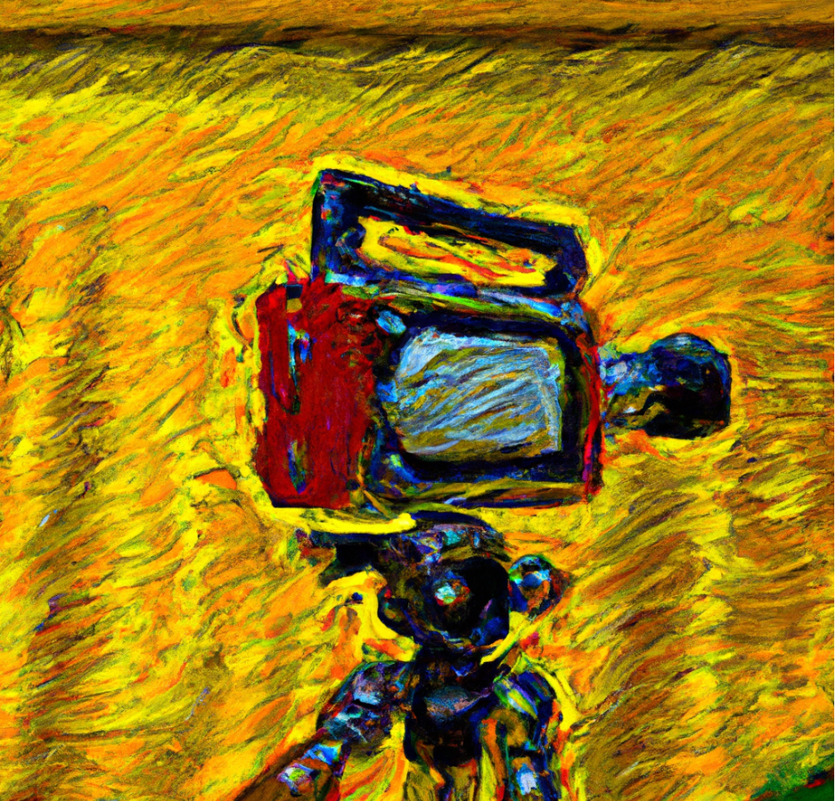 A colorful painting of a camera on a tripod