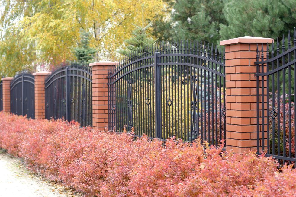 A wrought iron fence with brick pillars surrounded by bushes and trees.