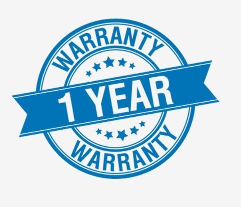 A 1 year warranty stamp with a blue ribbon