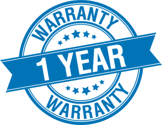 A 1 year warranty stamp with a blue ribbon