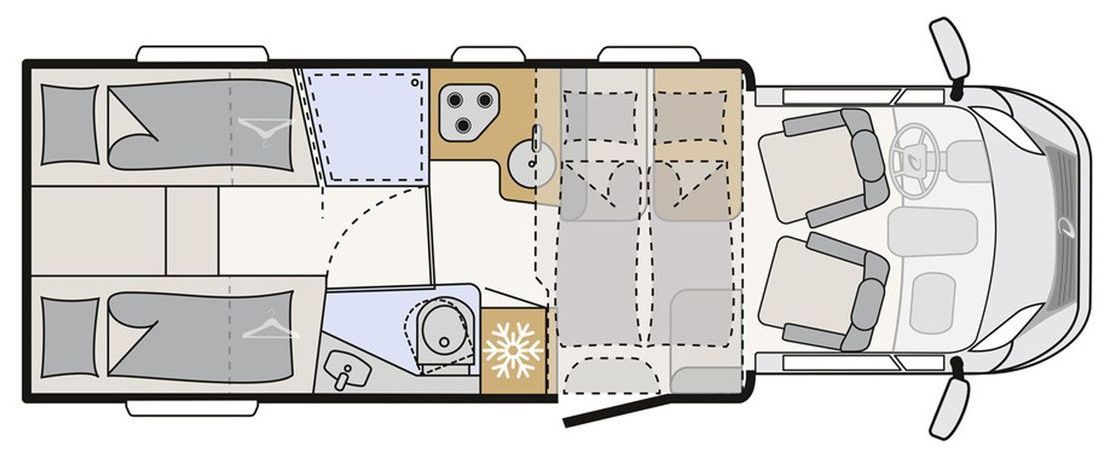 Plattegrond en indeling van de Chausson TI Titanium Ultimate camper met lengte en voorzieningen