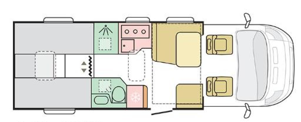 Indeling van Knaus Van Wave 640 MEG camper met zit- en slaapgedeelte.