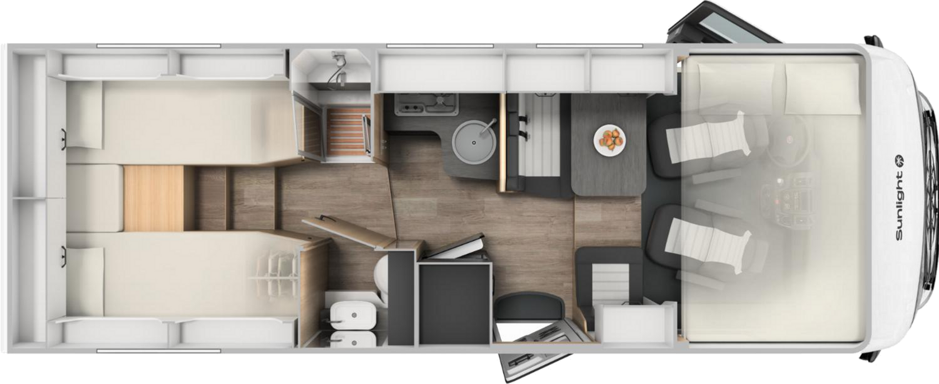 Indeling van Knaus Van Wave 640 MEG camper met zit- en slaapgedeelte.