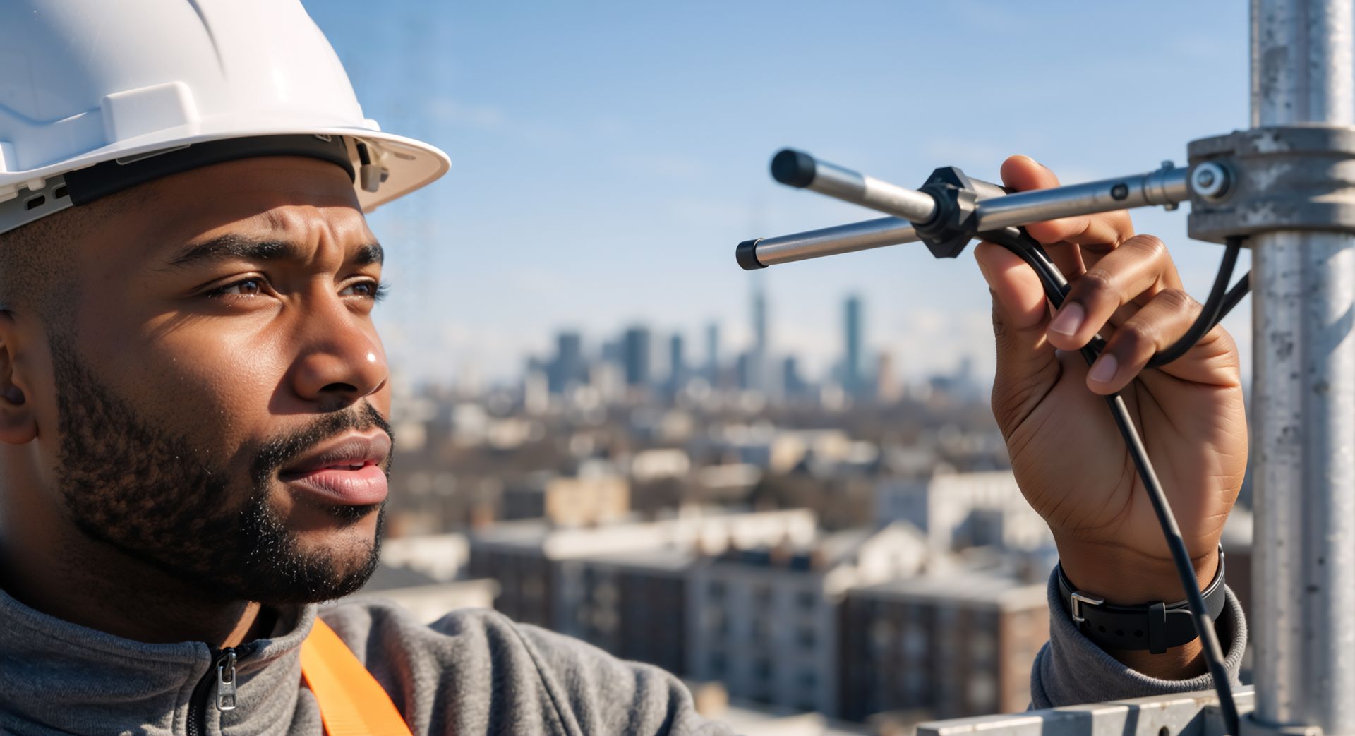 Construction worker in hard hat inspecting equipment, cityscape in background.