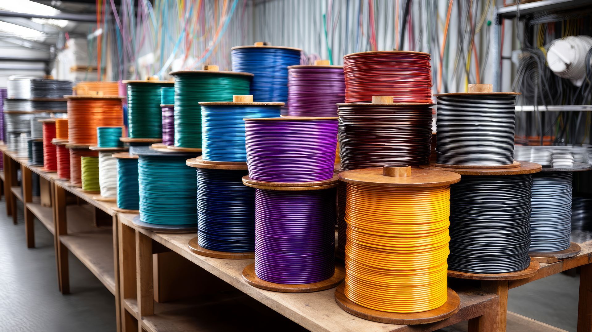 Colorful spools of wire stacked on wooden shelves in a warehouse.