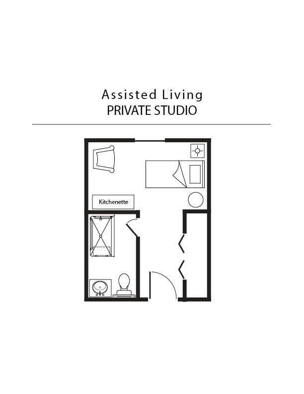 A black and white floor plan of an assisted living private studio.