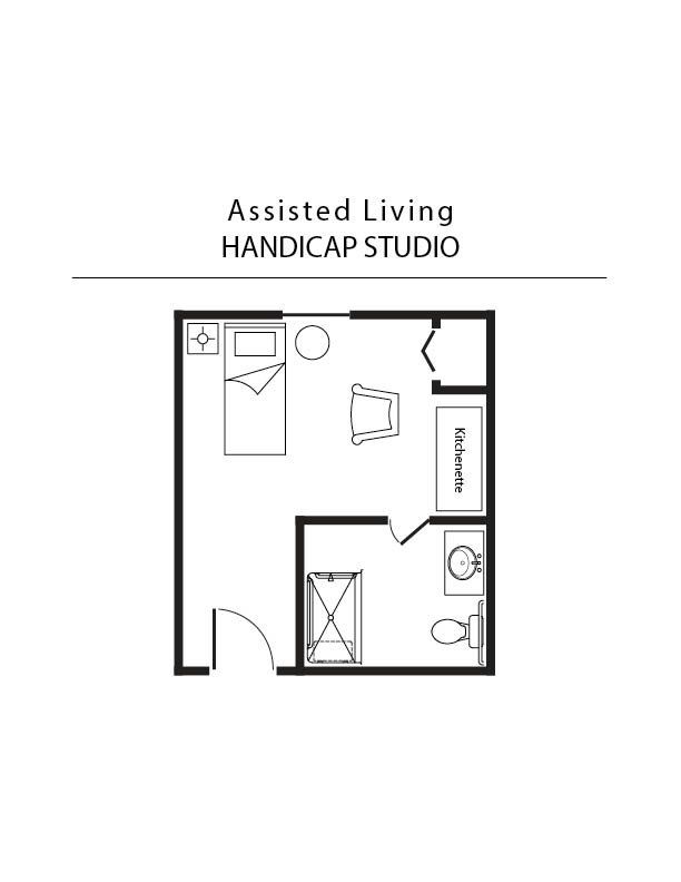 A black and white floor plan of an assisted living handicap studio.
