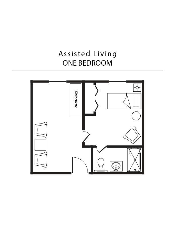 A black and white floor plan of an assisted living one bedroom apartment.
