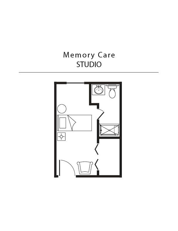 A black and white floor plan of a memory care studio.
