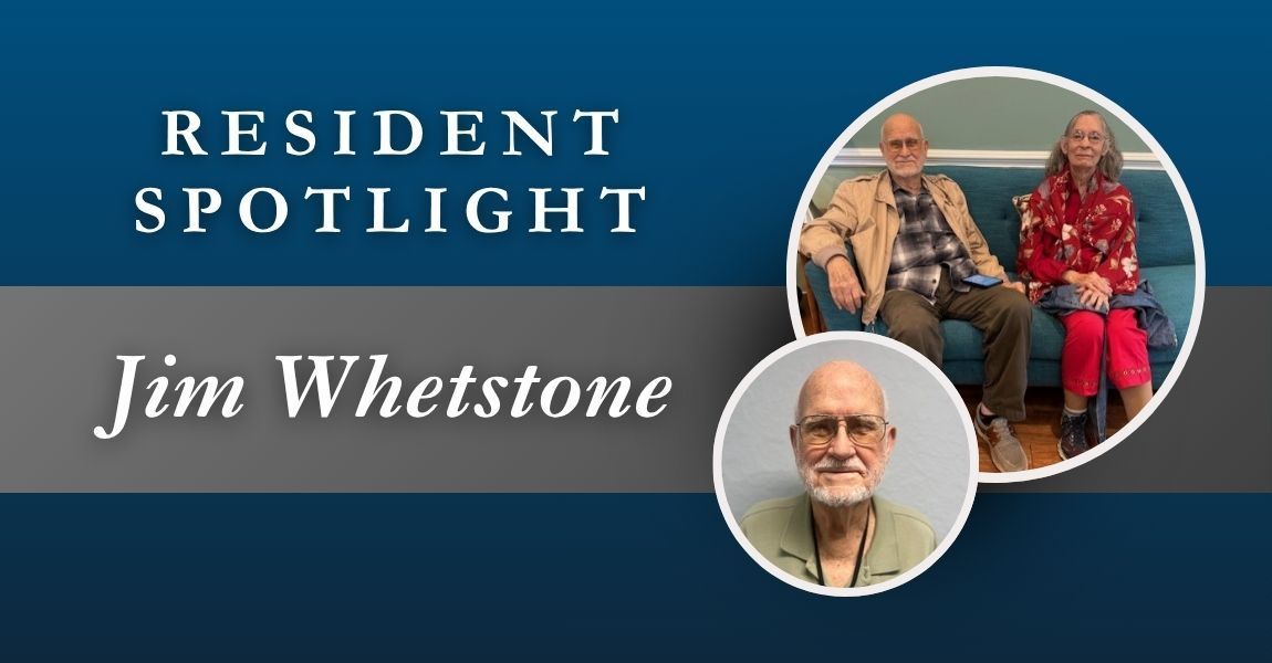 Resident spotlight banner for Jim Whetstone with two portrait photos on a blue background