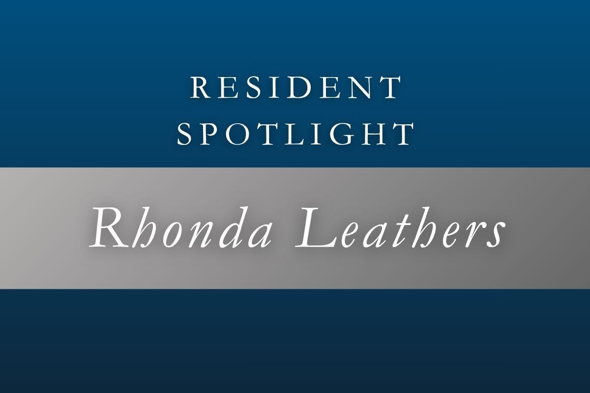 Resident Spotlight: Rhonda Leathers on a blue and silver title card