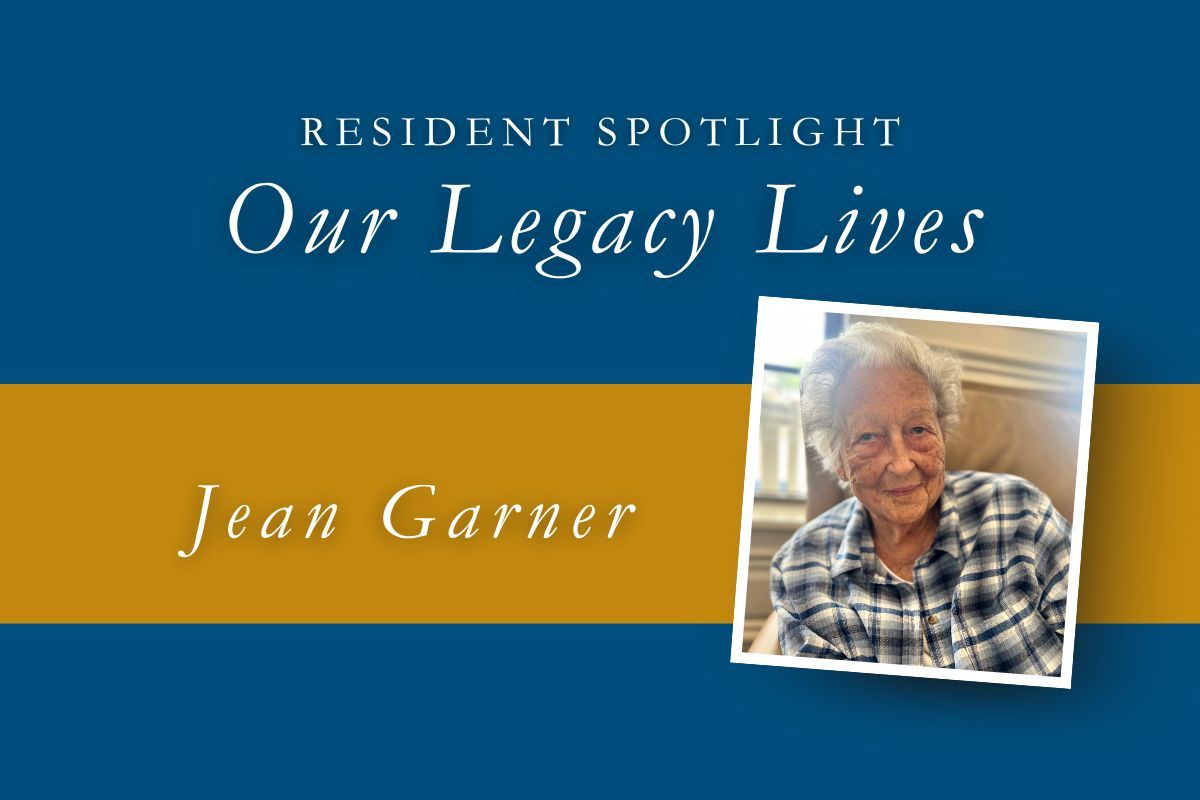 Resident Spotlight featuring Jean Garner; woman in framed photo, text over blue and gold background.