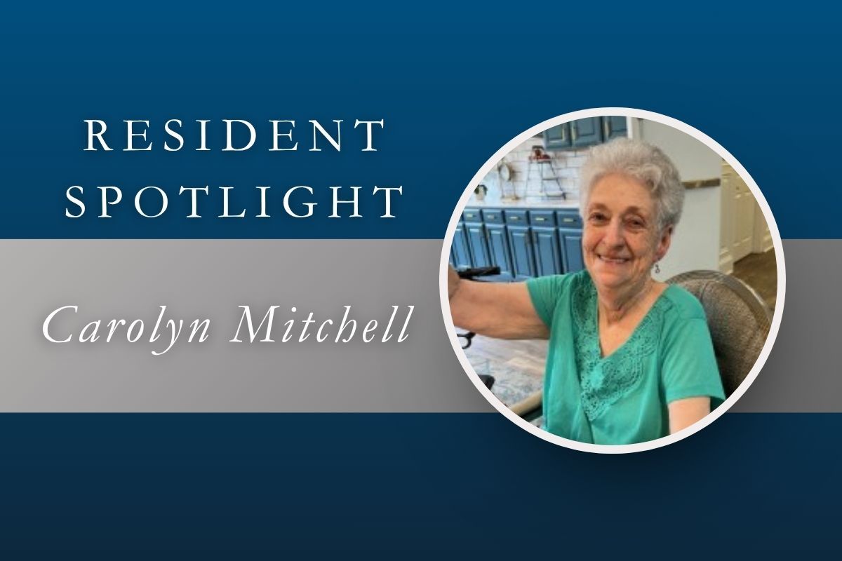 Resident spotlight banner with Carolyn Mitchell smiling in a teal top on the right