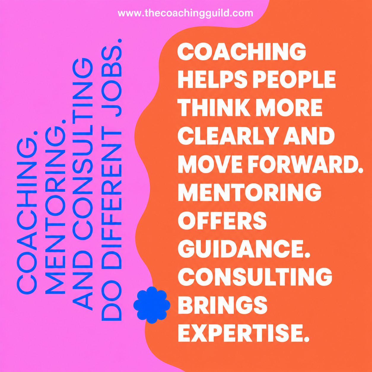 Coaching Guild pink and orange graphic explaining the difference between coaching, mentoring, and co