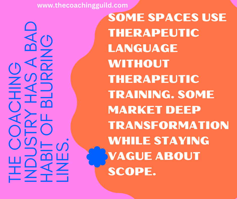 Coaching Guild graphic about coaching spaces using therapeutic language without therapeutic training