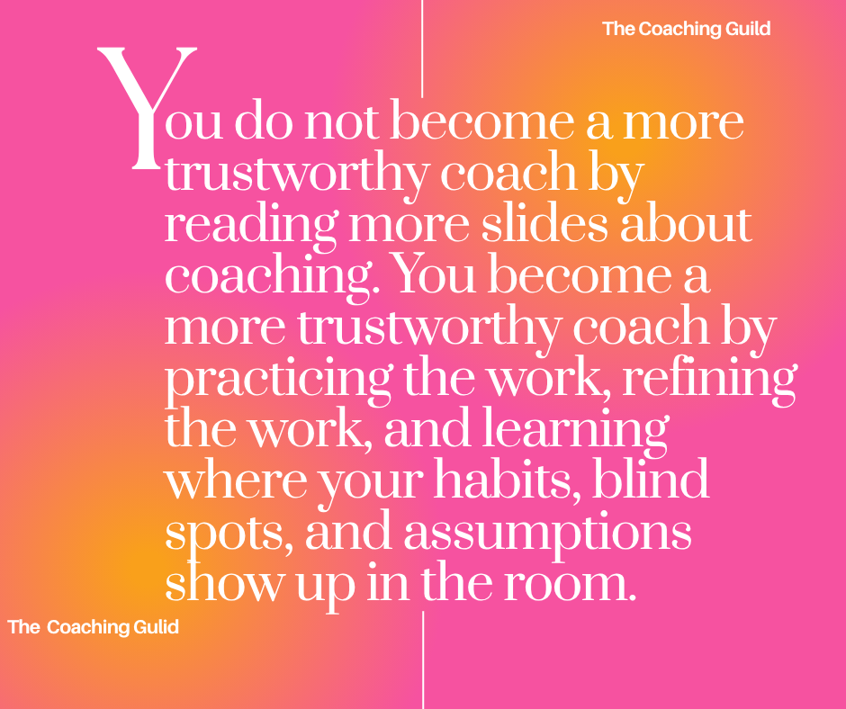 TCG quote graphic about becoming a trustworthy coach through practice.