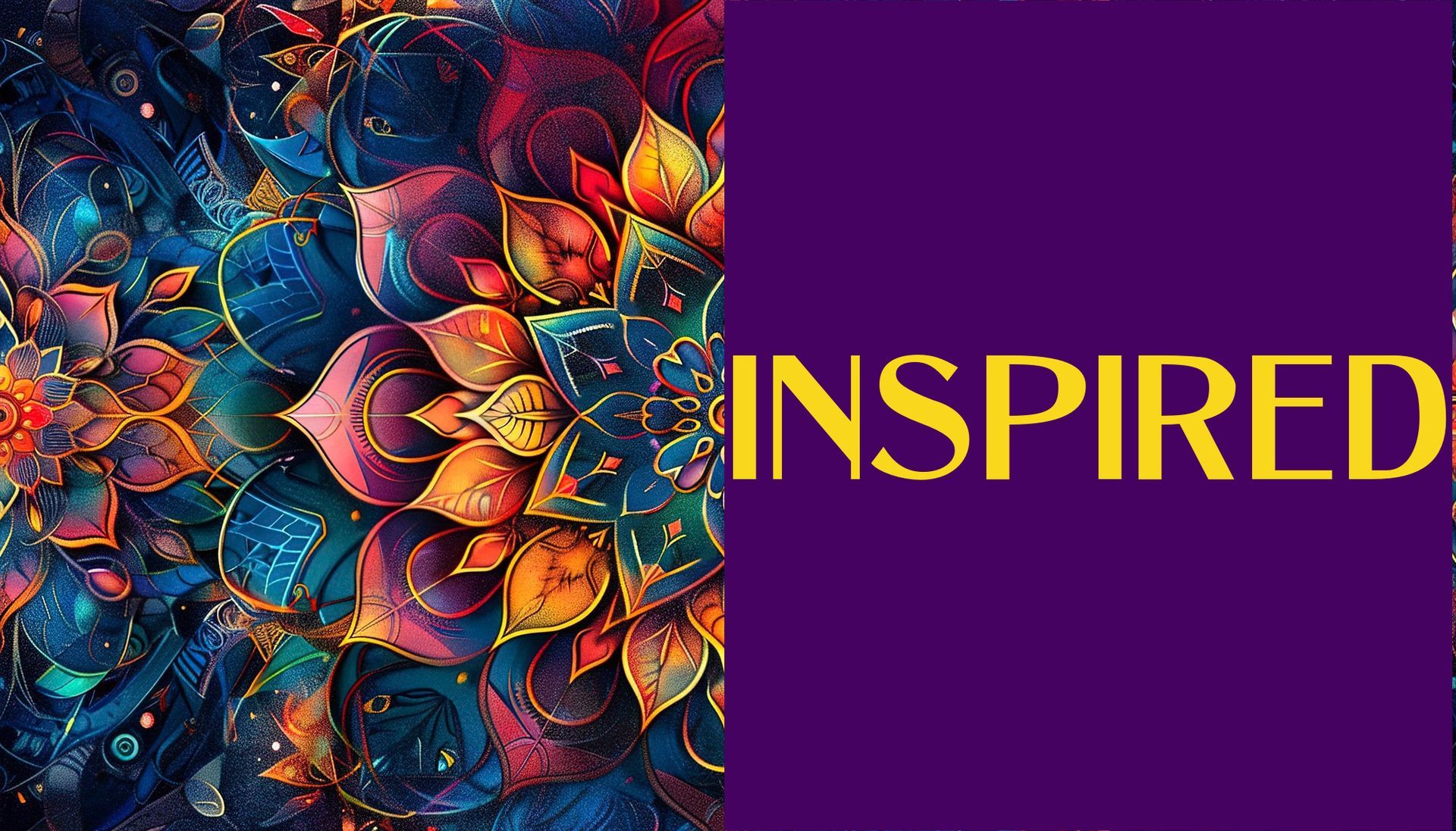 A colorful mandala with the word inspired on a purple background.