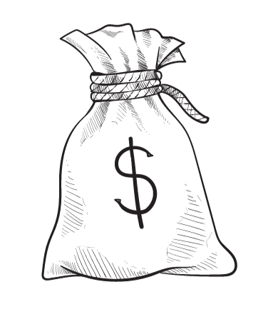 Money bag with a dollar sign on it. Tied with a rope.