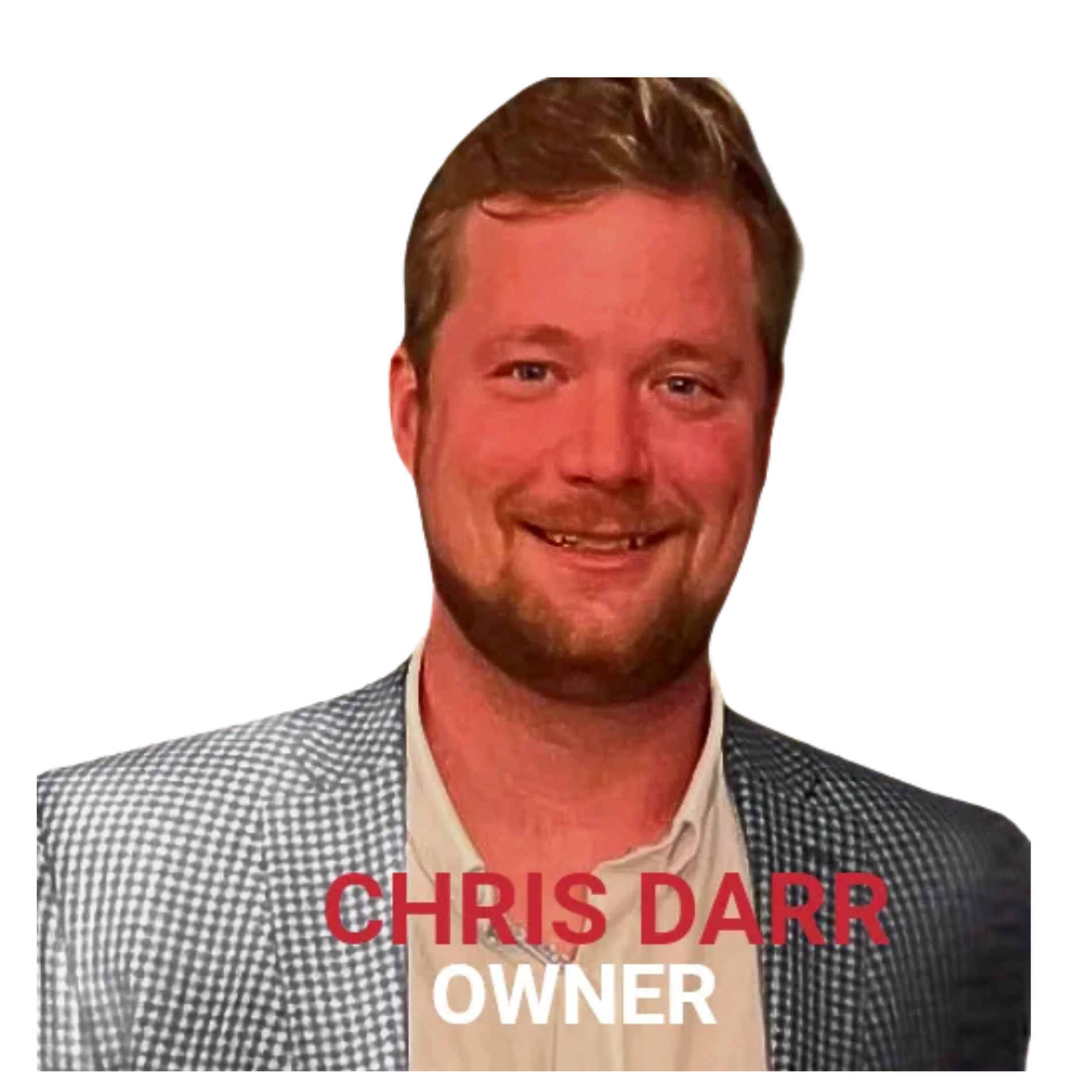 Chris Darr, owner, smiling in a grey and white checkered blazer.