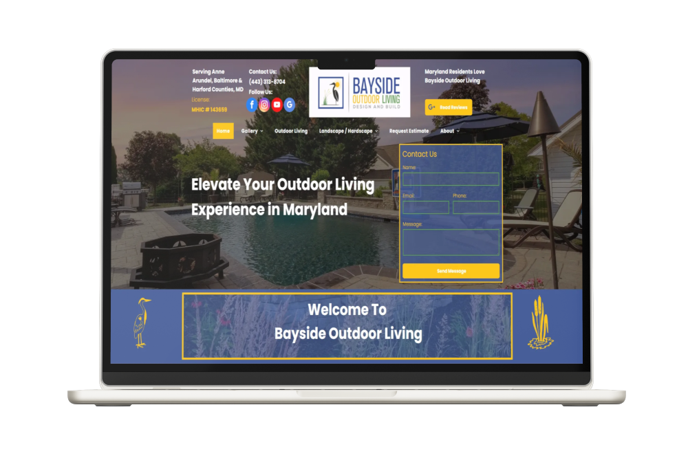 Laptop displaying the Bayside Outdoor Living website with a pool and fire pit scene.