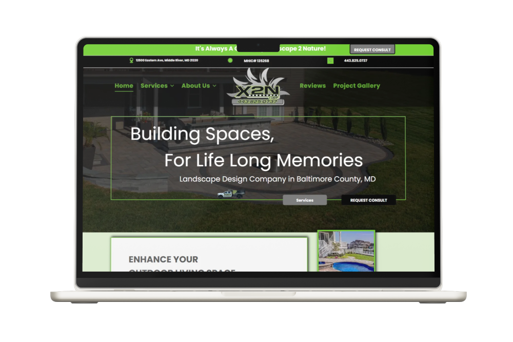 Website homepage on a laptop, green and gray color scheme, showing landscaping designs.