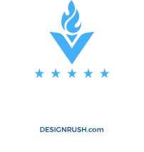 Blue logo with torch above a 'V' and 5 stars. 