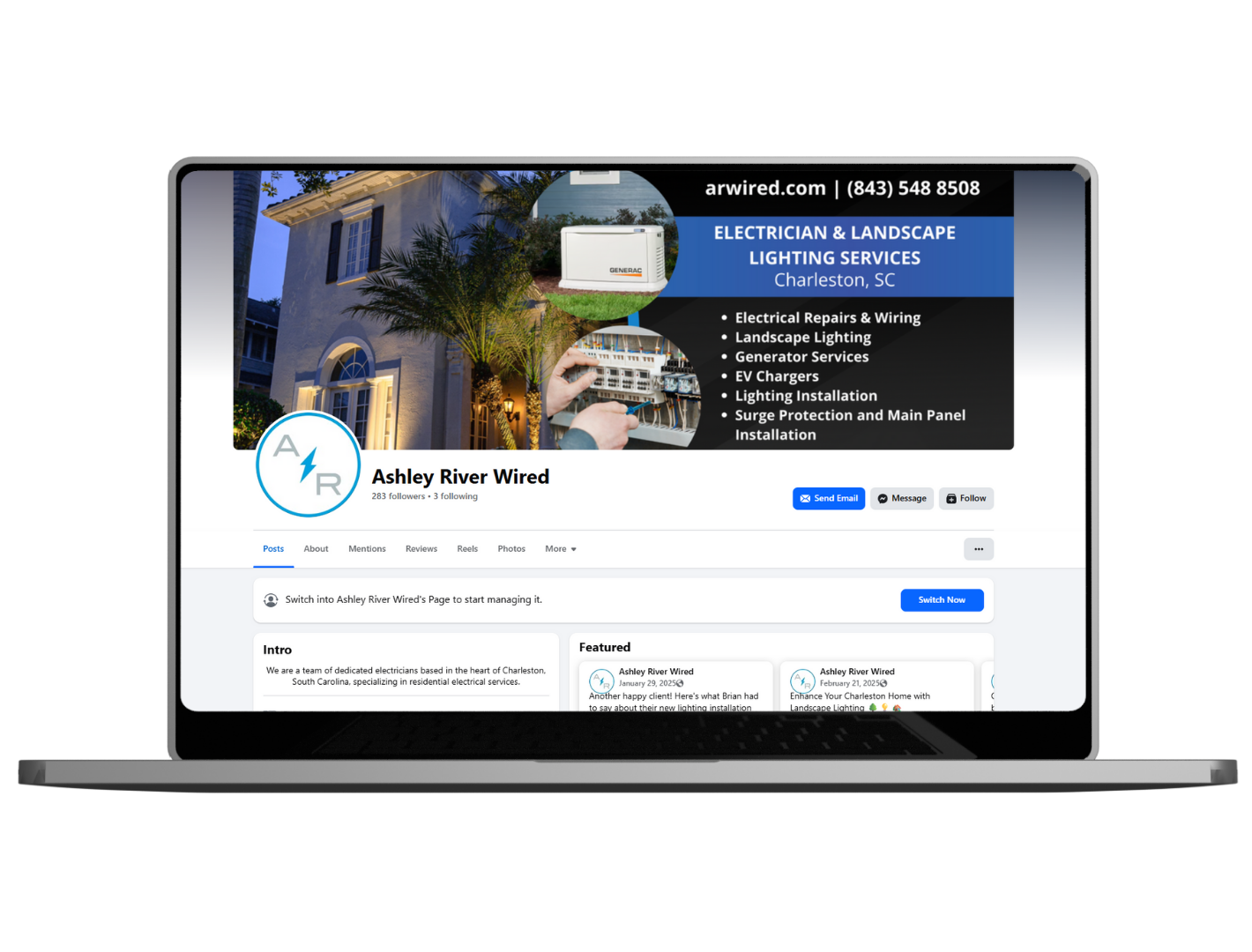 Laptop displaying a Facebook page for 