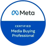 Meta Certified Media Buying Professional badge: blue and white circular logo with Meta logo and text.