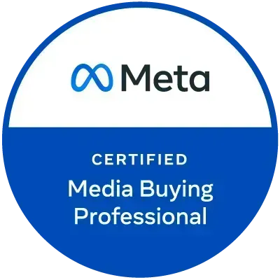 Meta Certified Media Buying Professional badge: blue and white circular logo with Meta logo and text.