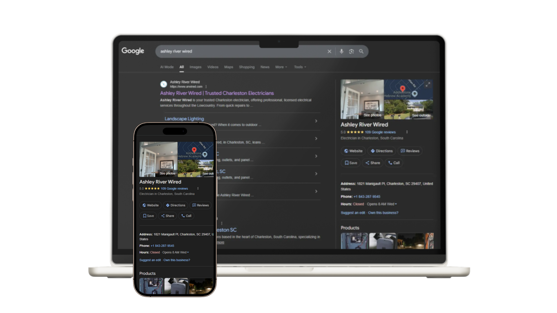 Laptop and phone displaying Google search results for 