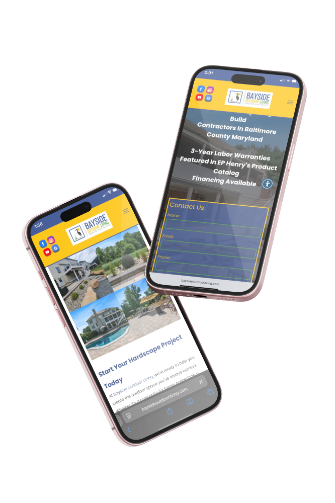 Two smartphones displaying websites with landscaping and community information.